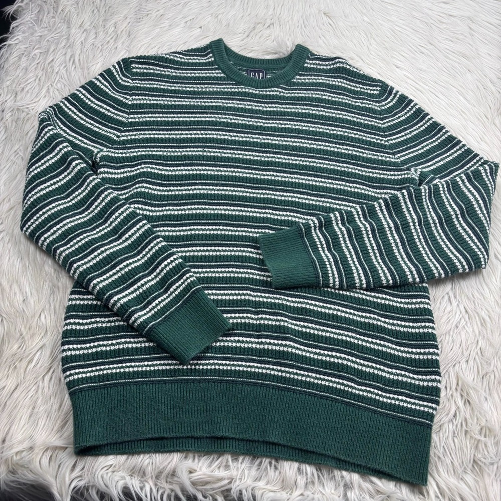 Gap Men's M Green White Navy Striped Cotton Sweater Crew Preppy‎ Classic